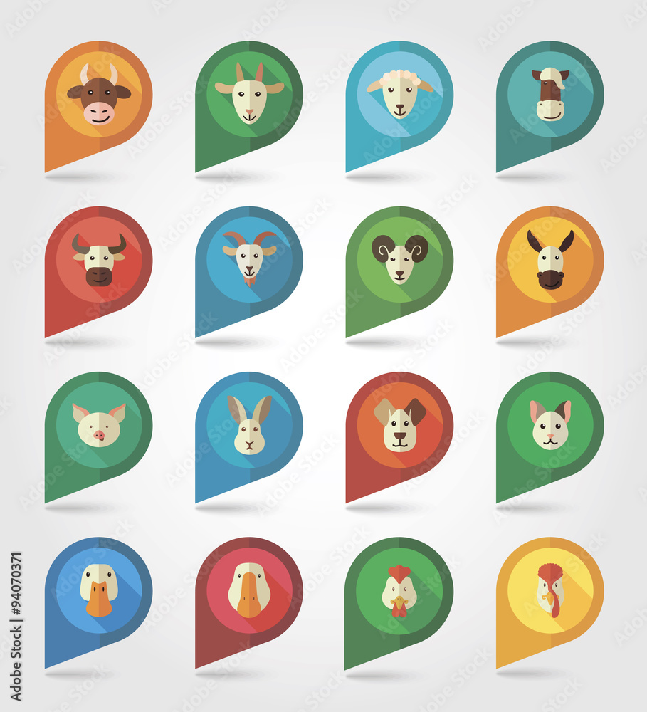 Farm animals mapping pins icons Farm animals mapping pins icons