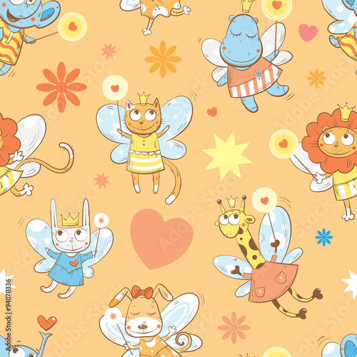 Vector seamless pattern with fairies elephants, hippopotamus, giraffes, dogs, cats, rabbit and lions on a orange background.