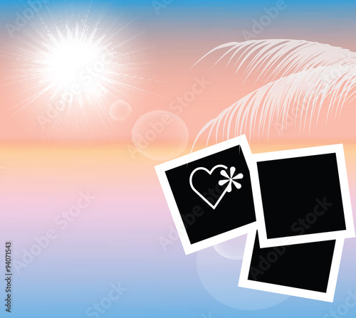 Photos from holidays on a seaside, sunset beach. Summer holidays concept. Vector