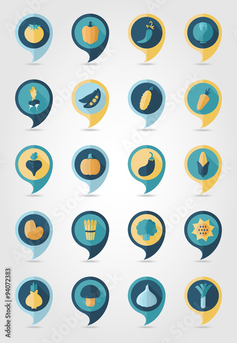 Vegetable mapping pins icons with long shadow