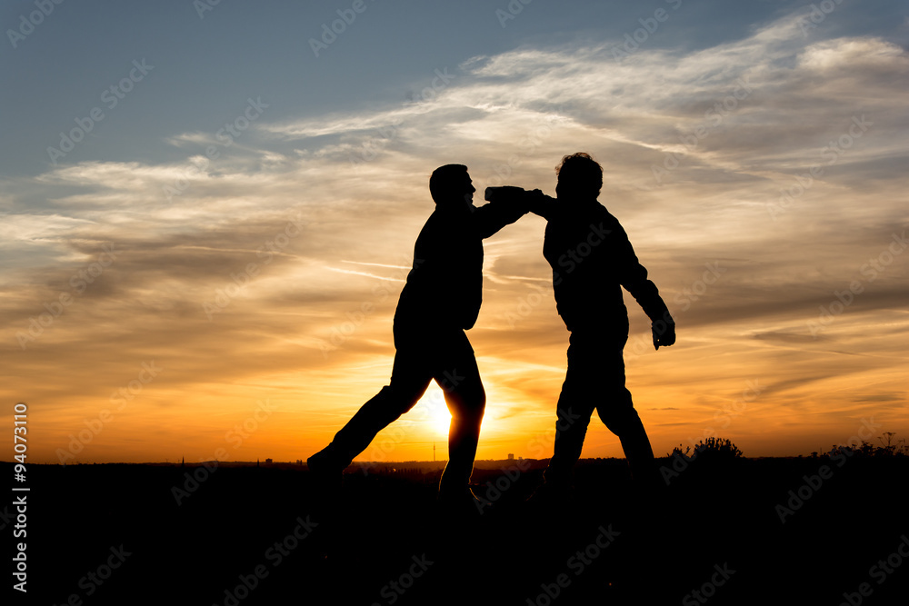 People Silhouette / Two men fighting in the sunset   