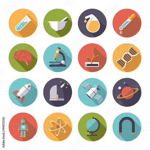Circular science and research icons vector set. Collection of 16 flat design science and research themed vector icons incircles