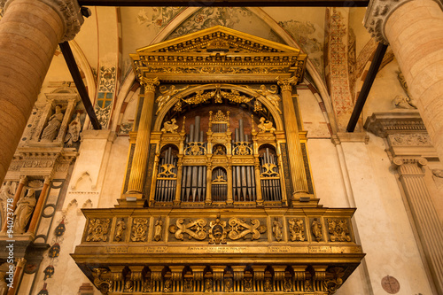 pipe ranks of the organ in the 14th century Gothic Dominican Sant'Anastasia church in the ancient city of Verona, Italy