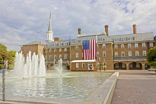 View of Alexandria City Hall, Market Square & it's central fountain, King Street, Old Town Alexandria, Virginia