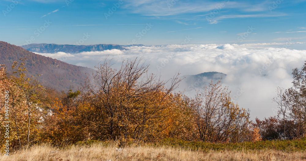 Blanket of fog in autumnal Crimean mountains