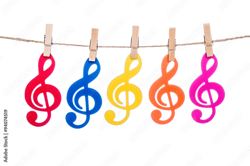 Fototapeta premium clip on a twine , hanging colorful music clef