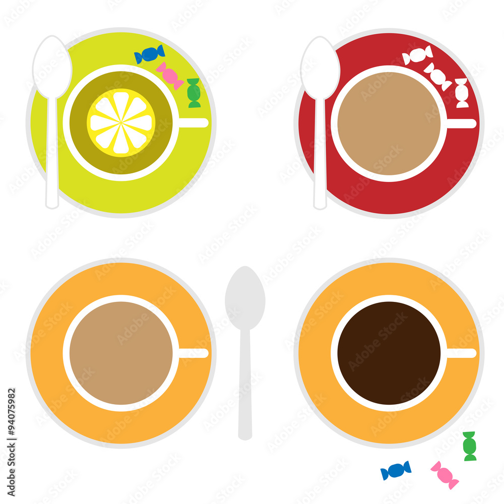 Vector icon set. Stylized cup of tea and coffee with candy and spoon
Vector icon set. Stylized cup of tea and coffee with candy and spoon