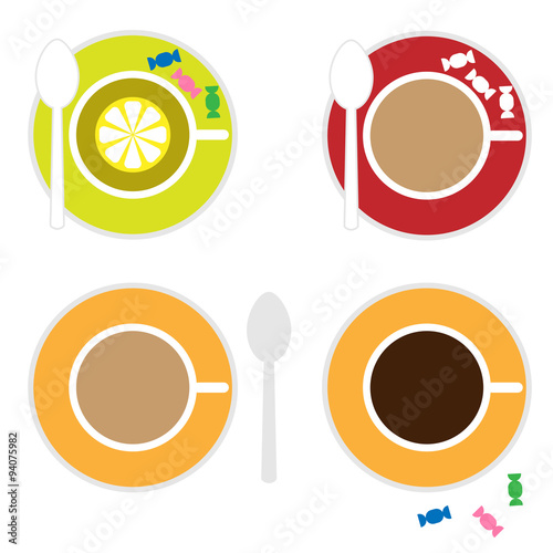 Vector icon set. Stylized cup of tea and coffee with candy and spoon 