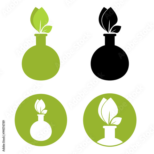 Test tube with leaf icon. Organic chemistry logo design.
