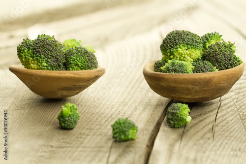 fresh broccoli in a spoon on wooden background. healthy food, vegetarian, slimming, diet.