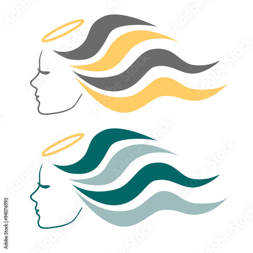 Romantic angel girl in profile with long wavy hair.
