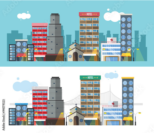 Buildings and city transport flat style illustration