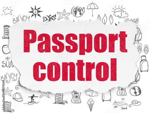 Vacation concept: Passport Control on Torn Paper background