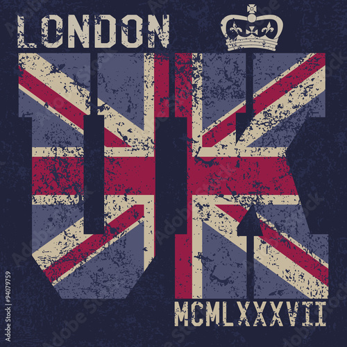  T-shirt Printing design, typography graphics, London United kingdom, grunge flag vector illustration Badge Applique Label