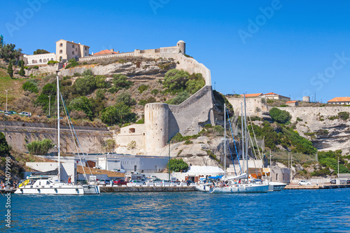 Cityscape of Bonifacio, Corsica. Moored yachts