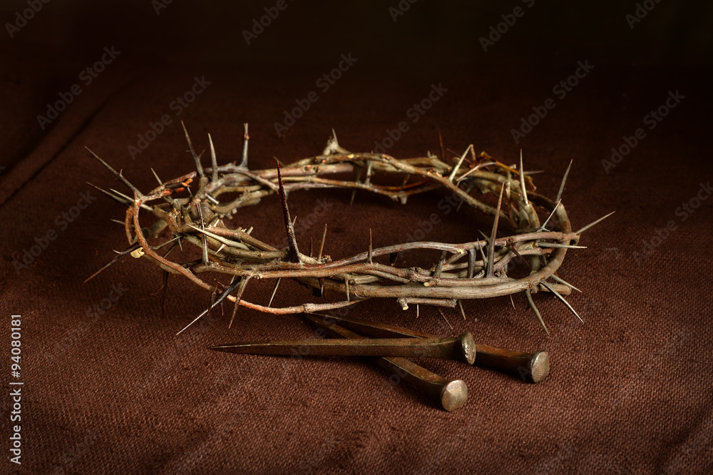 Crown of Thorns and Nails on Cloth - obrazy, fototapety, plakaty 