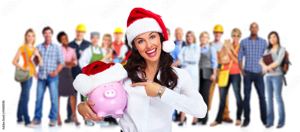 Santa Christmas business woman with a piggy bank.