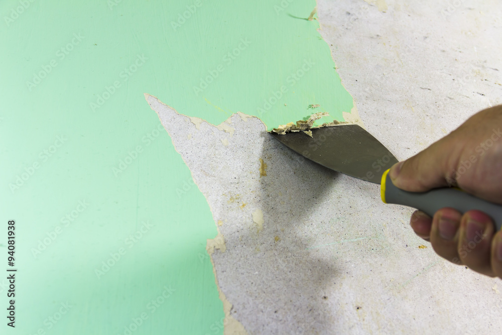 DIY man wallpaper stripping. Using a stripping tool to remove old