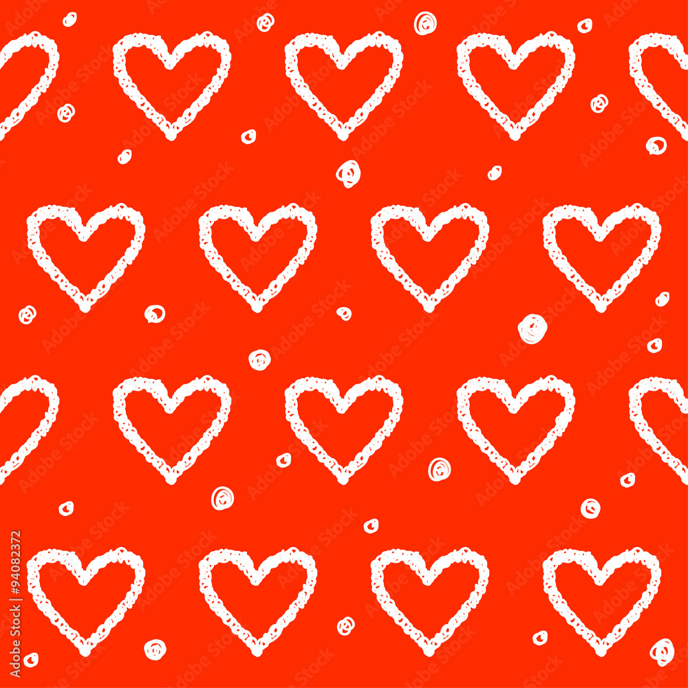 Doodle romantic love seamless pattern background. Hand drawn simple hearts isolated on red