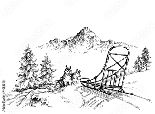 Winter mountain landscape, husky dogs sledding
