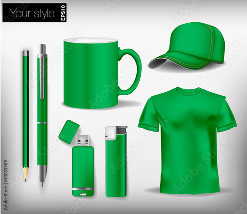 Green set for corporate identity design kit, pen, cap, shirt, flash drive, cup, lighters, pencil. Vector illustration
