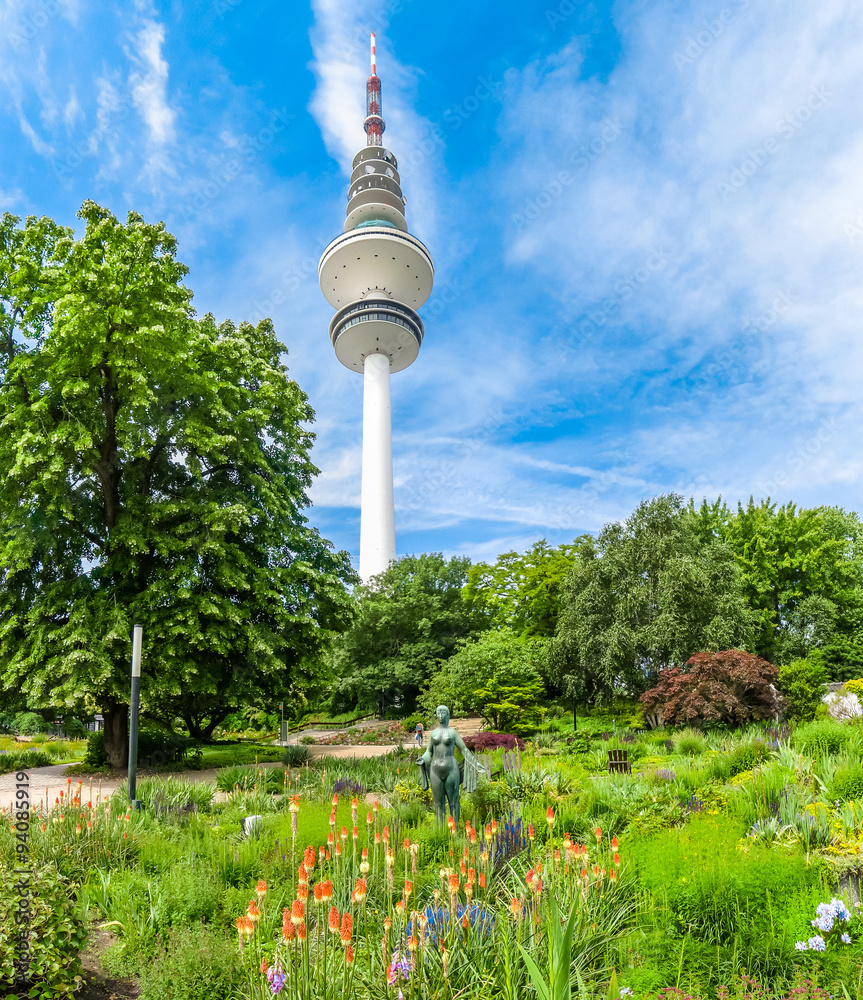 Beautiful Planten um Blomen park and famous Heinrich-Hertz-Turm, Hamburg, Germany