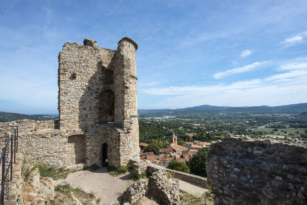 Panoramic view from the castle in the foreground Grimaund the large fortified tower - Grimaud - France, Departement Var, Côte d‘Azur