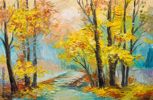 Fototapeta Naklejka Na Ścianę i Meble -  Oil painting landscape - colorful autumn forest