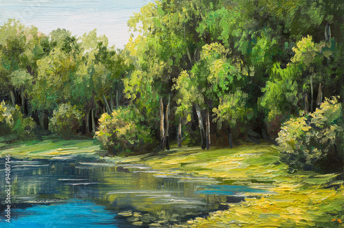 Oil painting landscape - lake in the forest, summer day