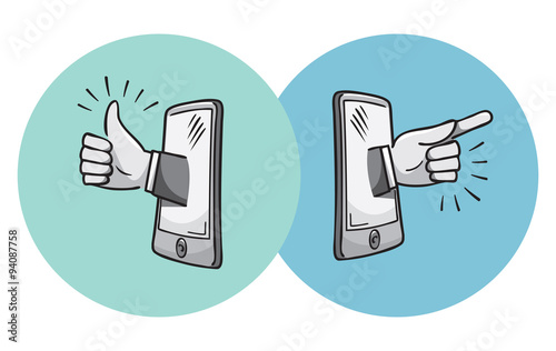 Hand icons with mobile. Collection of Various gestures. Thumb up. Hand drawn graphic. Simple cartoon doodle vector illustration.