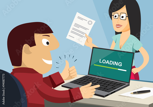 Customer Care Center. Approval documents. Processing the application in the office. Loan application. Funny experienced banker solves the problem. Simple cartoon vector illustration.