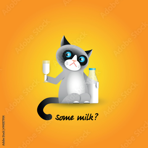 Cute cranky cat with glass and bottle of milk