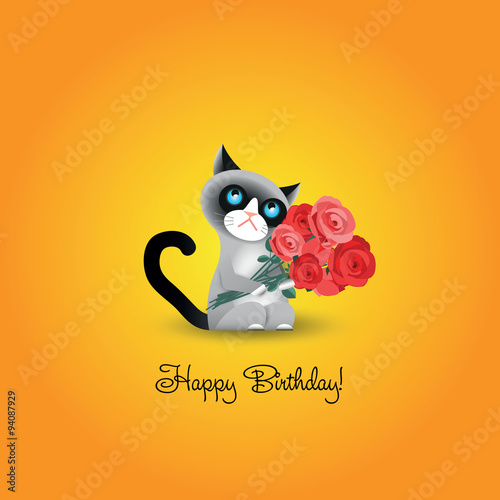 Cute cranky cat with roses and inscription "Happy Birthday!"