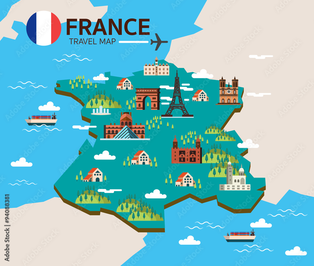 France landmark and travel map. Flat design elements and icons.