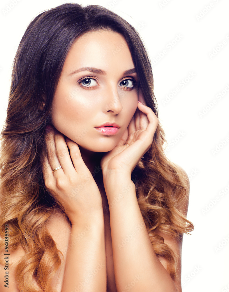 Studio Portrait of Beautiful Model with Long Curly Ombre Hair. Close Up Studio Portrait of Beautiful Model with Long Curly Ombre Hair. Close Up