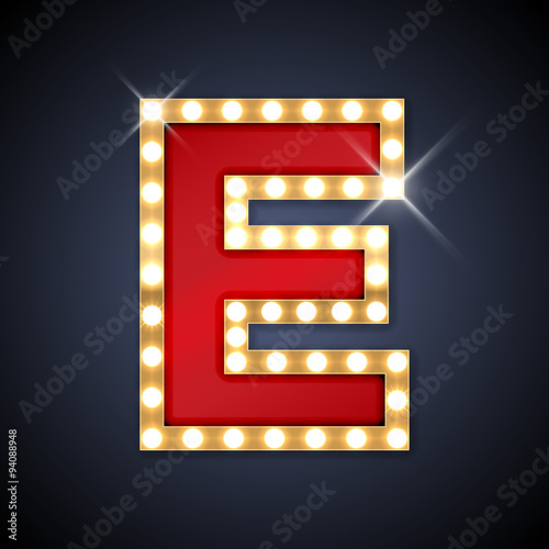 Letter E in shape of retro sing-board with lamps