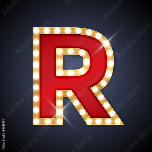 Letter R in shape of retro sing-board with lamps
