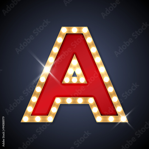 Letter A in shape of retro sing-board with lamps