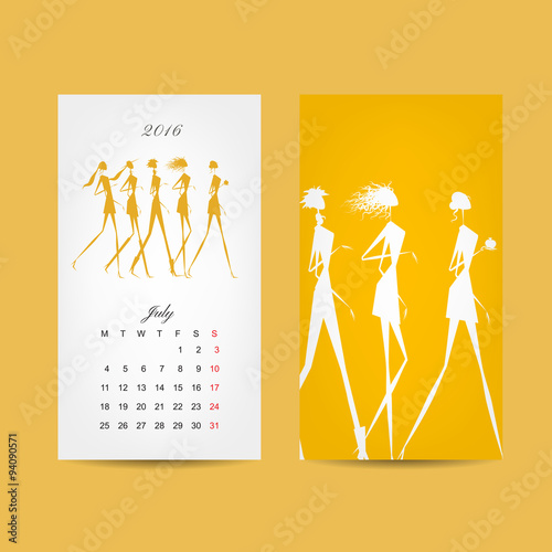 Calendar 2016 grid. Fashion girls design