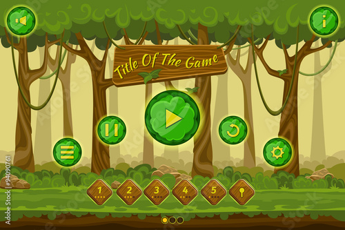 Cartoon game user interface with control elements, buttons