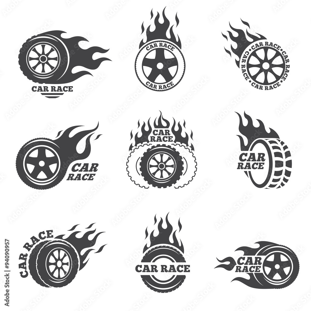 Car race logo set. Wheel with fire flame Stock Vector | Adobe Stock