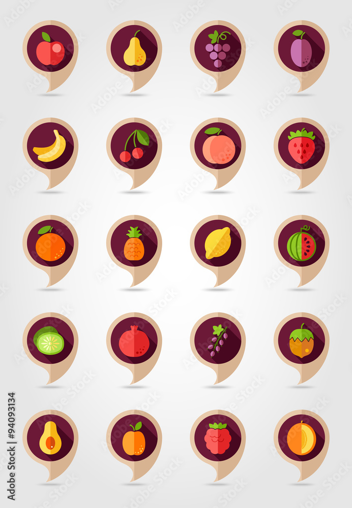 Fruits mapping pins icons Fruits mapping pins icons