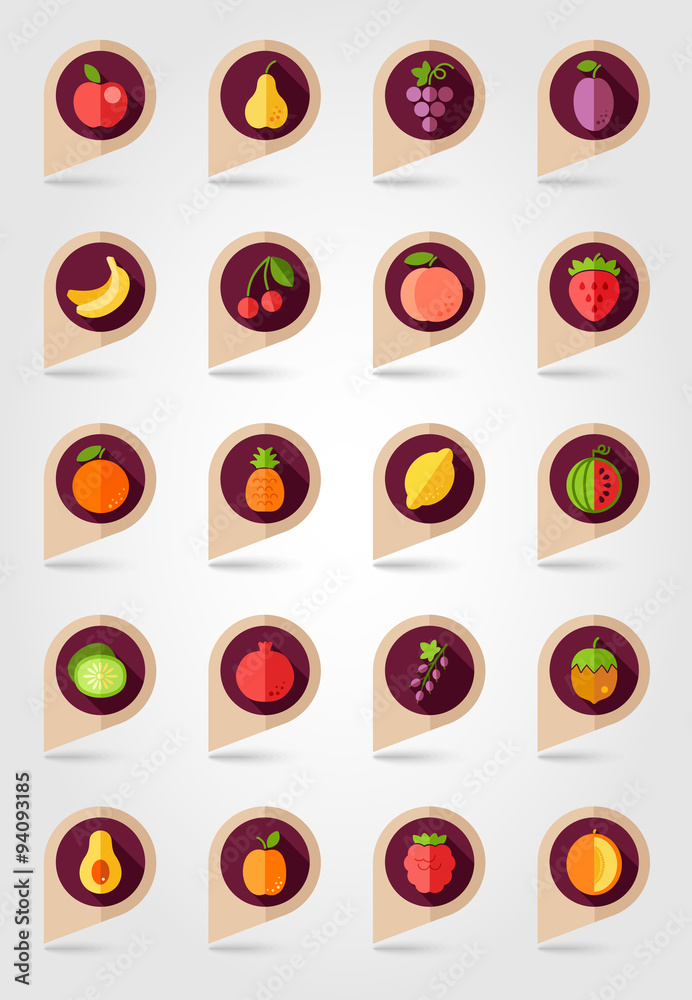 Fruits mapping pins icons Fruits mapping pins icons