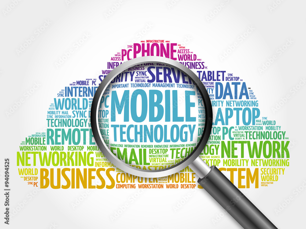 Mobile technology word cloud with magnifying glass, concept Mobile technology word cloud with magnifying glass, concept