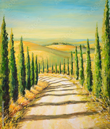 Tuscany: rural landscape with road,fields and hills.Picture created with acrylic colours.