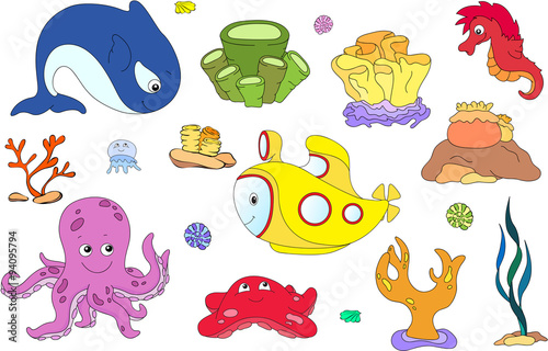 Underwater set. Ocean inhabitants and submarine. Octopus, jellyf