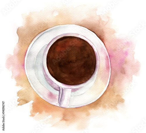 Watercolor drawing of black coffee cup on artistic background