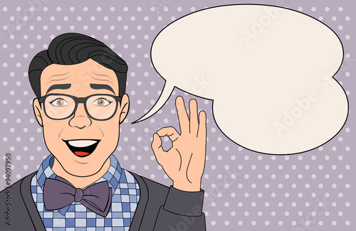 Retro man wearing glasses making a ok sign. Vintage art.
