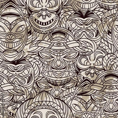 seamless pattern with collection of Tribal mask. Retro hand drawn vector illustration