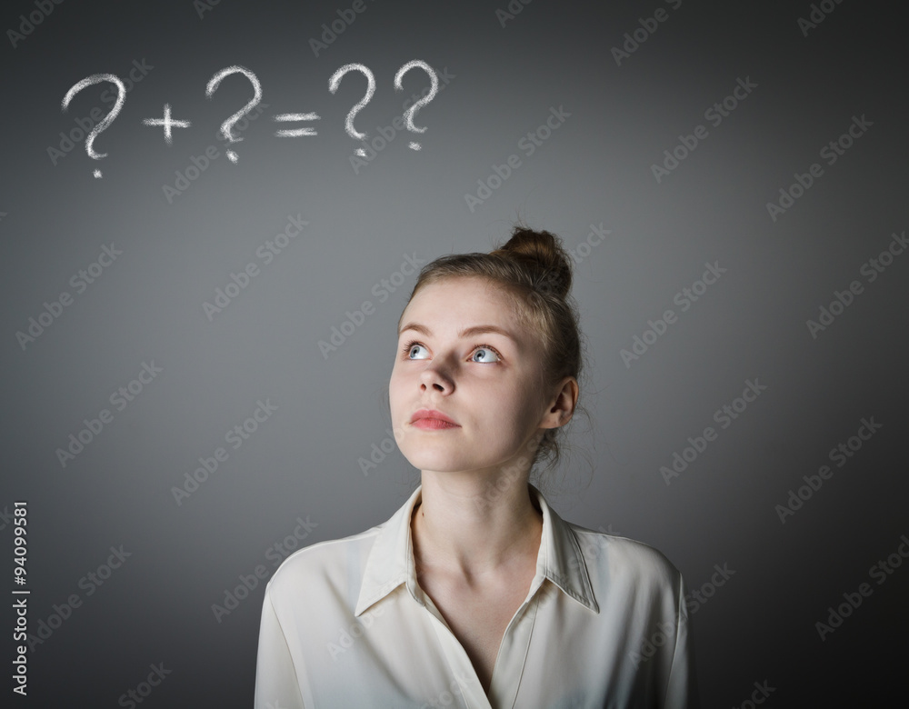 Girl in white and question marks Girl in white and question marks